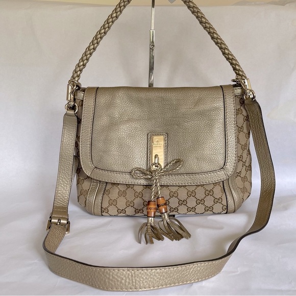 Gucci Bella Flap 2-Way Satchel GG Canvas Gold Leather - Picture 15 of 16